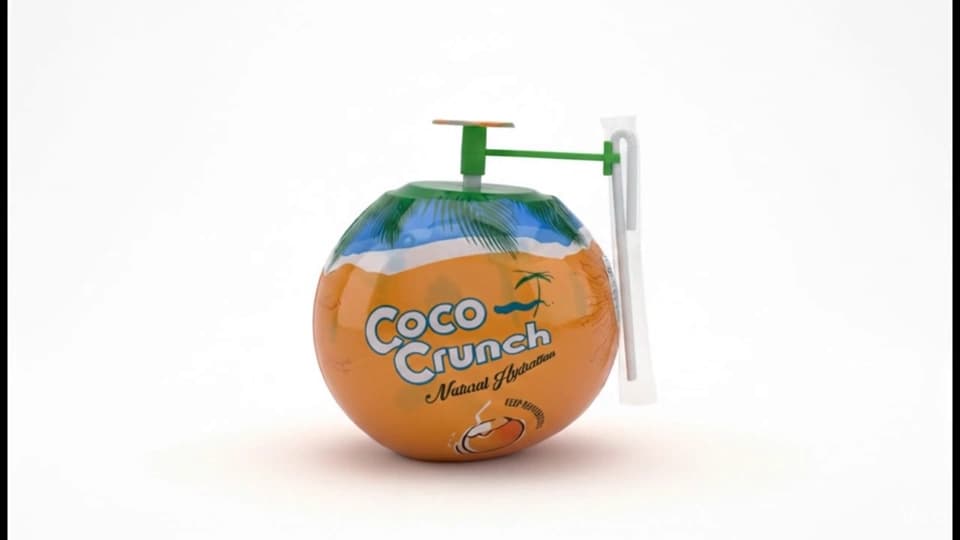 A Coco Crunch king coconut with its natural-hydration wrap and straw